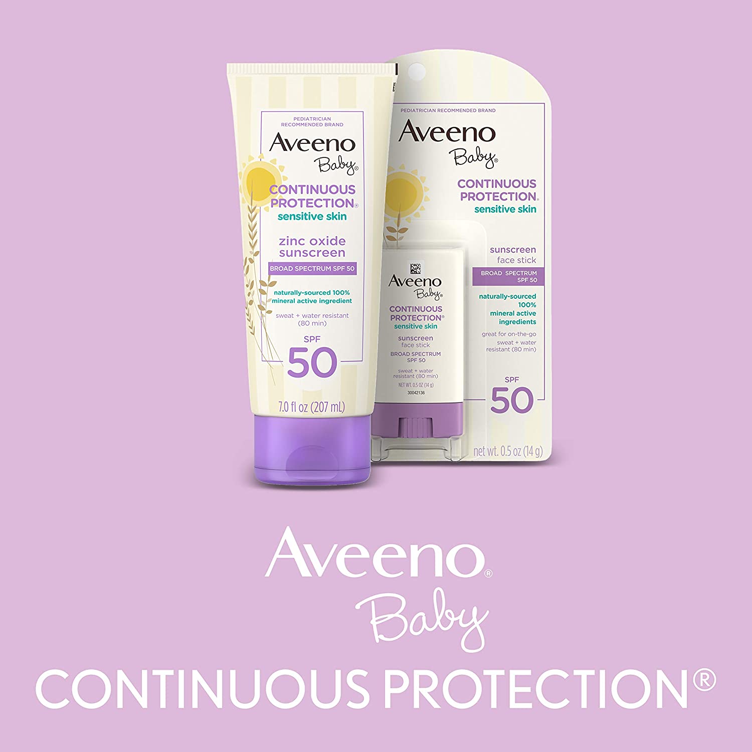Aveeno Baby Continuous Protection Zinc Oxide Mineral Sunscreen Lotion for Sensitive Skin, Broad Spectrum SPF 50, Paraben- & Tear-Free, Sweat- & Water-Resistant, Travel-Size, 2 x 3 fl. oz - Image 5